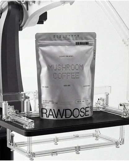 Silver pouch of RAWDOSE mushroom coffee on a black platform with robotic arm in background